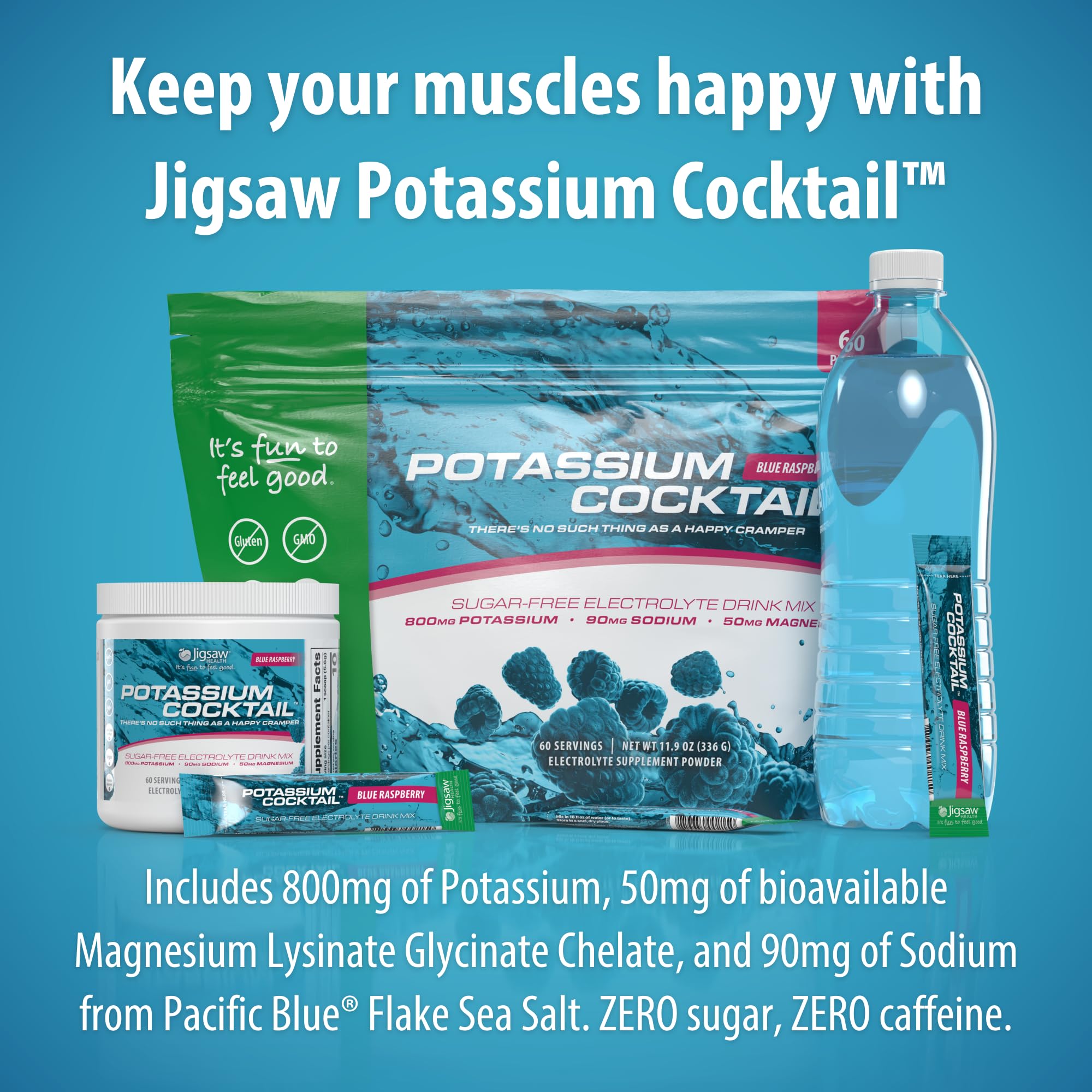 Jigsaw Health Potassium Cocktail glass with blue raspberry mix for flavor.