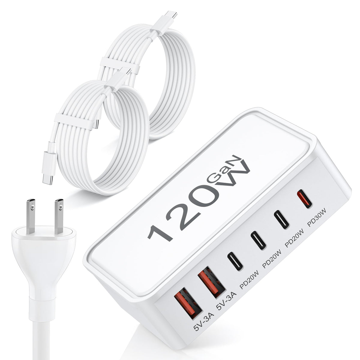 Jiiorrio six-port USB-C charger block, front view, keeps desk tidy.