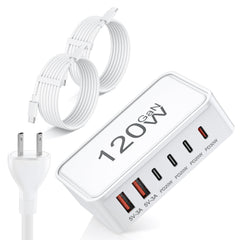 Jiiorrio six-port USB-C charger block, front view, keeps desk tidy.