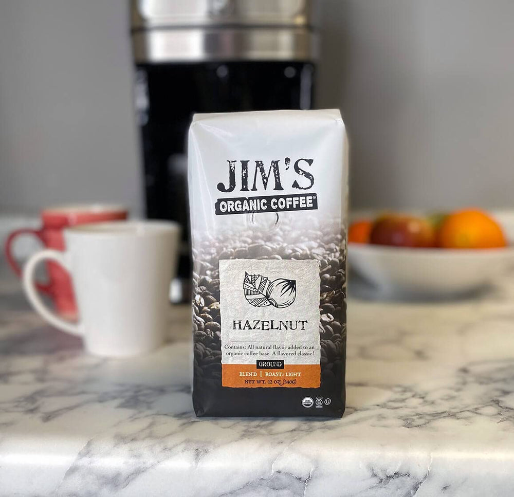 Jim's Organic Hazelnut bag back details roast date and sustainable sourcing for flavor you can trust.