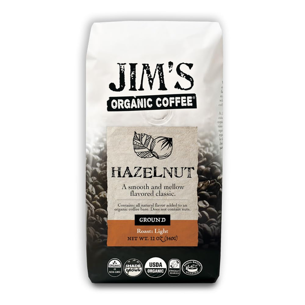 Jim's Organic Coffee Hazelnut bag front highlights aromatic hazelnut flavor for a comforting morning routine.
