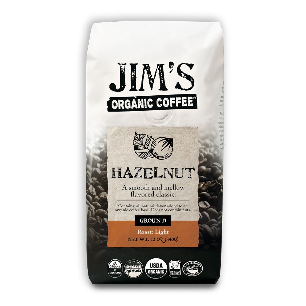Jim's Organic Coffee Hazelnut bag front highlights aromatic hazelnut flavor for a comforting morning routine.