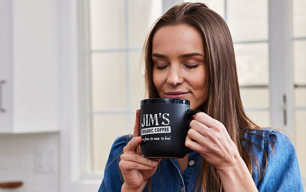 Jim's Organic Coffee Roasted Beans show premium Arabica beans for a smoother, balanced cup.