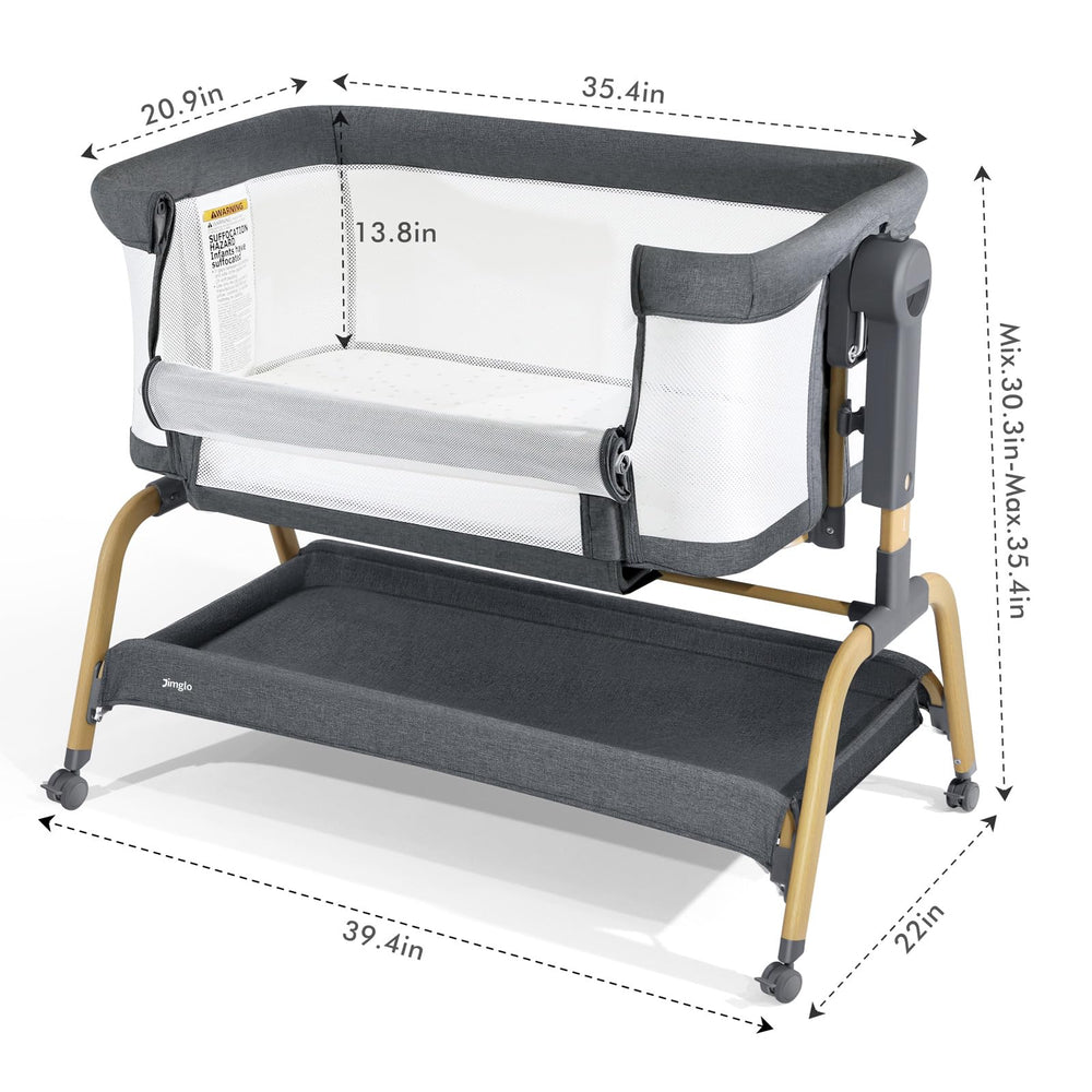 Jimglo portable bassinet with four wheels for easy movement.