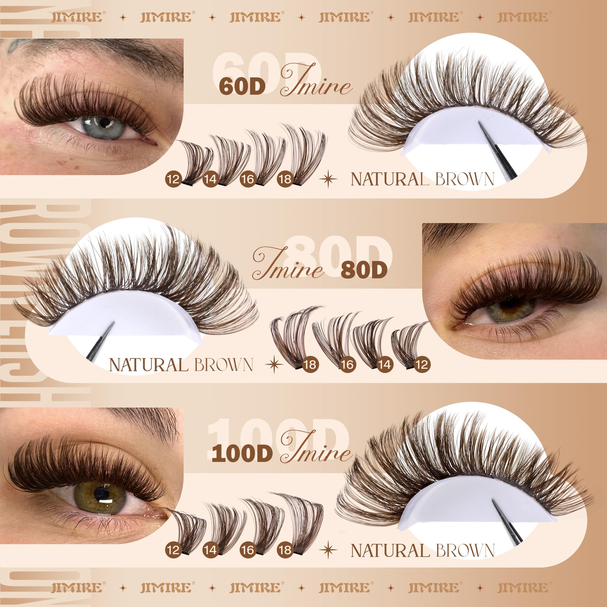 JIMIRE brown lash clusters 50D for fuller fringe with soft blend