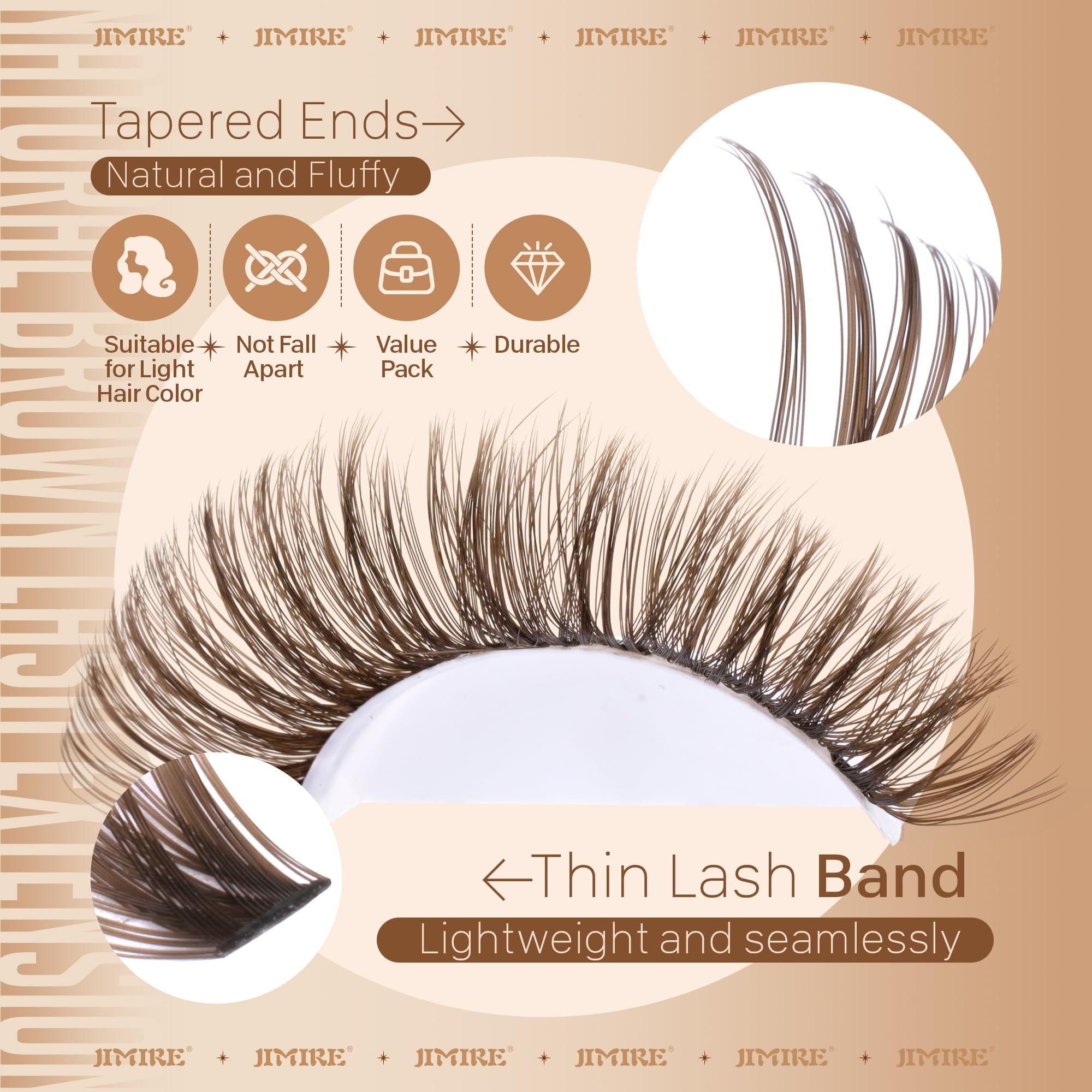 JIMIRE brown lash clusters 80D for bold volume with blended finish