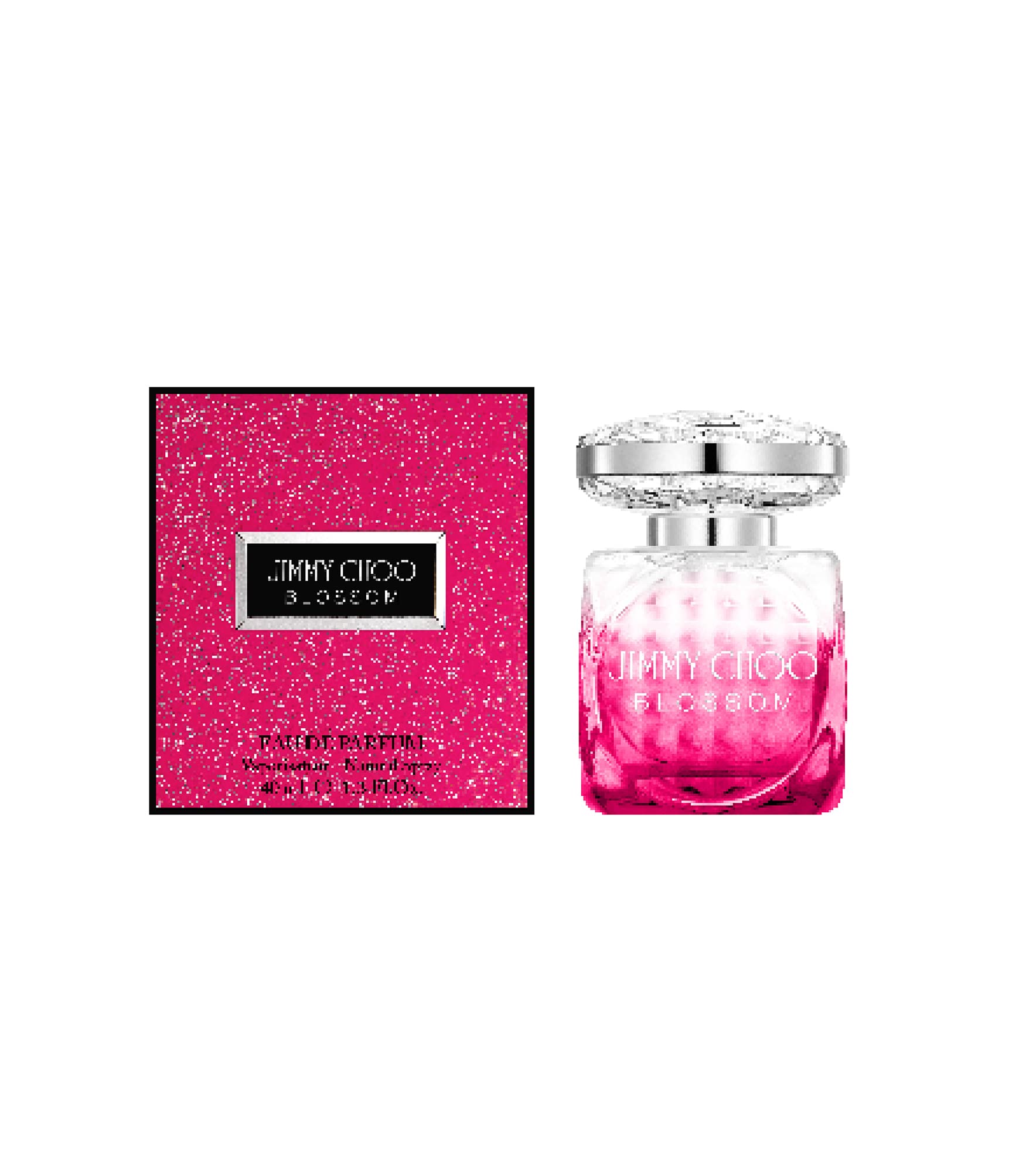 Jimmy Choo Blossom bottle closeup reveals pink packaging and elegant fragrance allure.