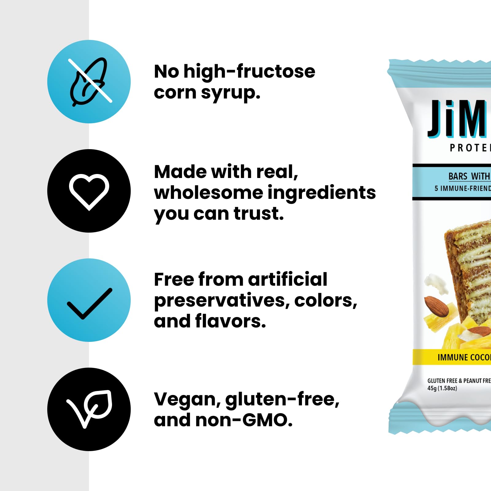JIMMYBAR chocolate peanut butter bar dairy-free label supports sensitive diets.