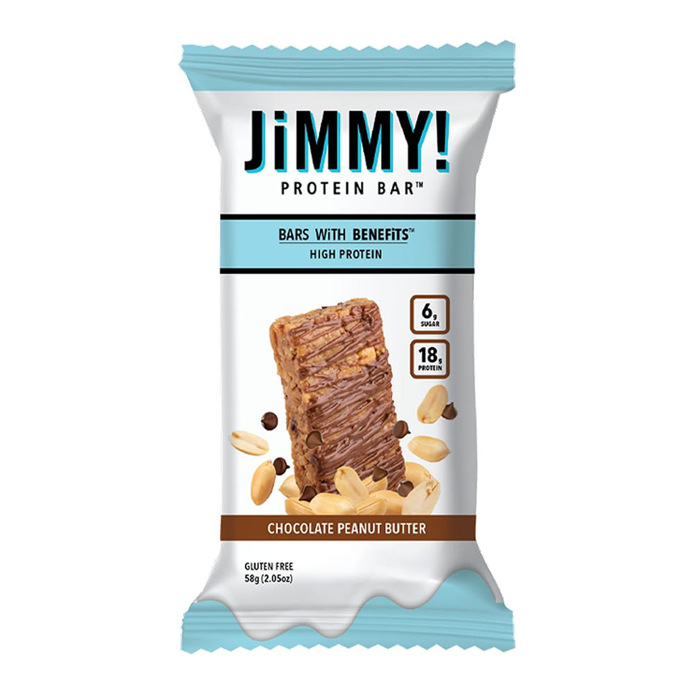 JIMMYBAR chocolate peanut butter bar nutrition facts showing 18g protein.