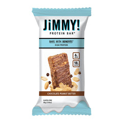 JIMMYBAR chocolate peanut butter bar nutrition facts showing 18g protein.