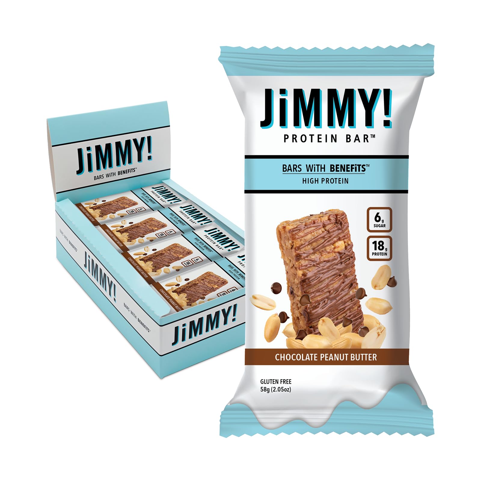 JIMMYBAR chocolate peanut butter bar pack, gluten-free, high-protein snack on the go.