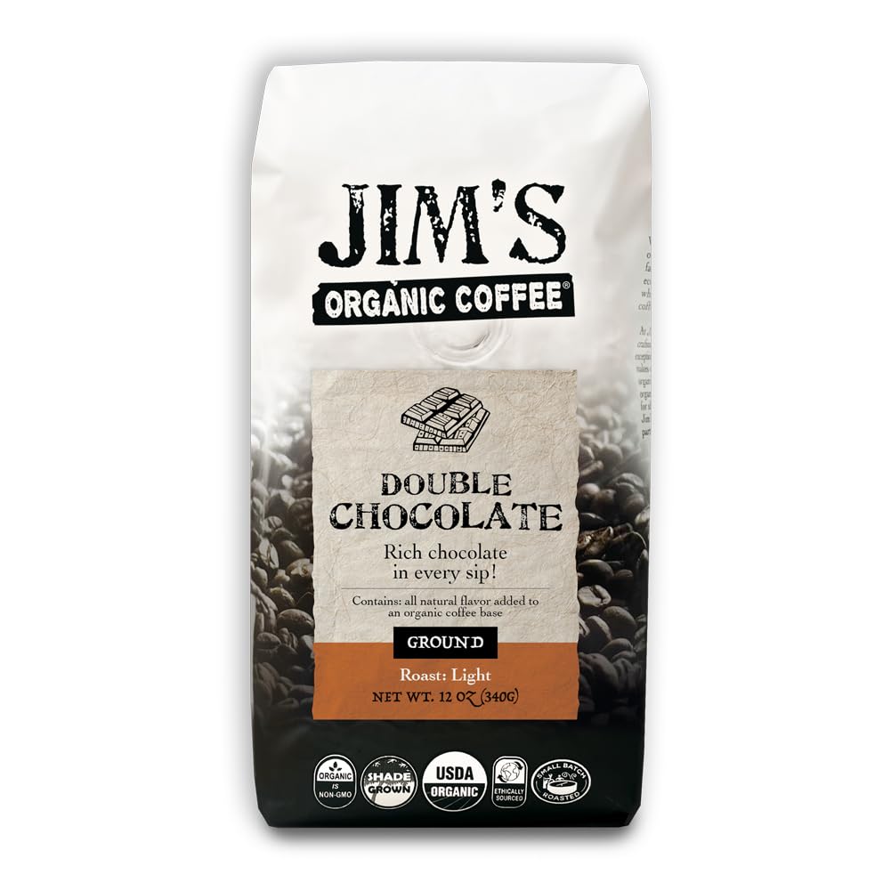 Jim's Organic Coffee Double Chocolate ground bag with rich aroma, ideal for morning brews.
