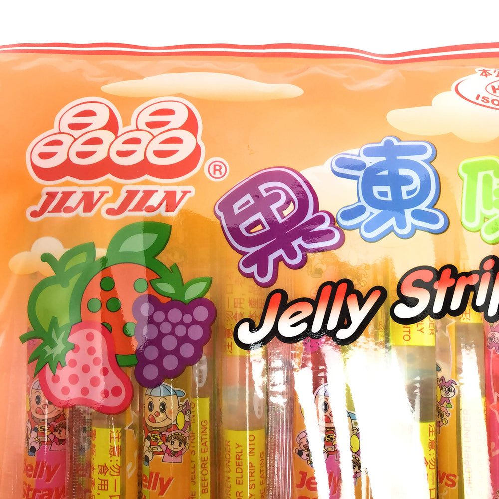 JIN JIN Jelly Strip lychee or strawberry straw image presenting playful snack for kids and adults.