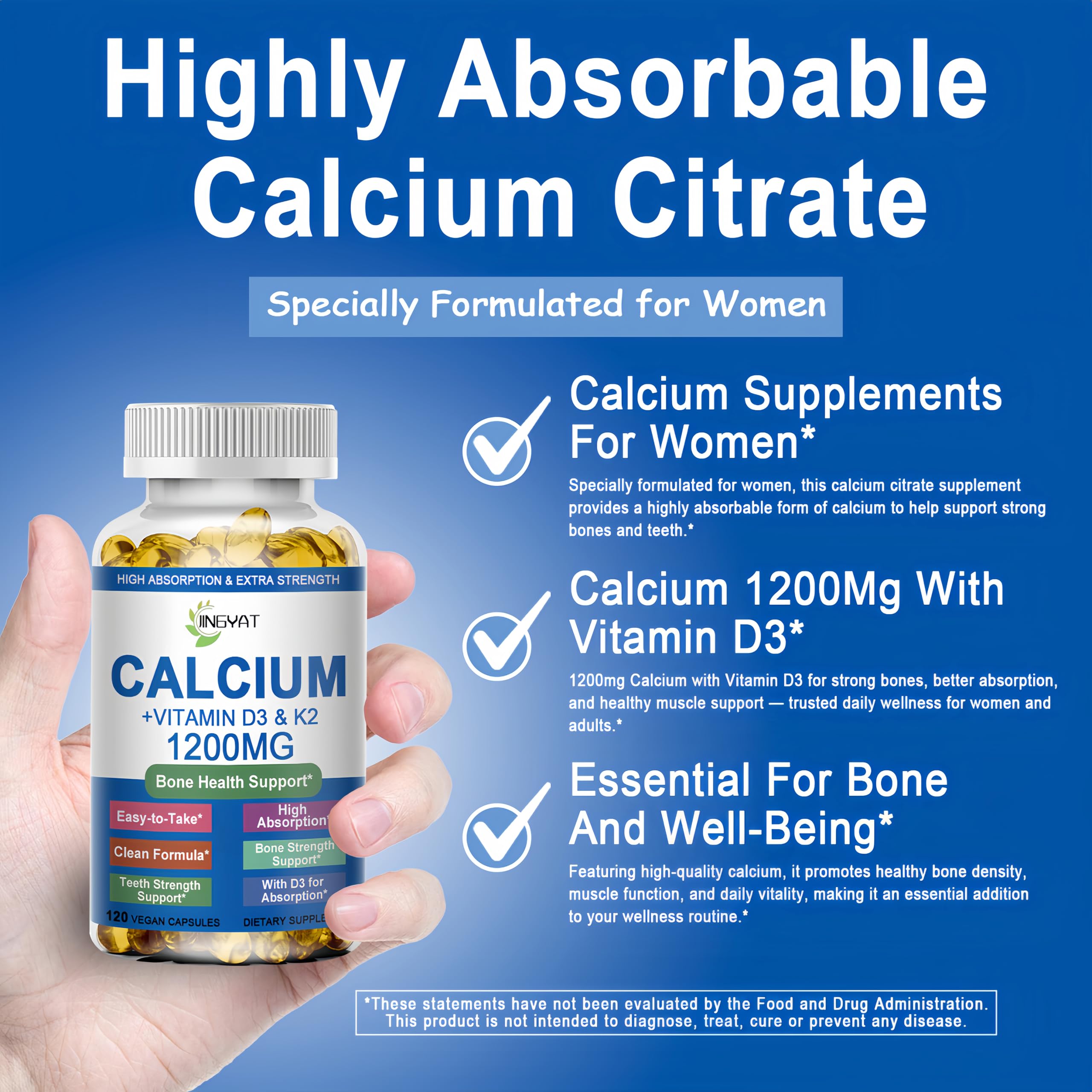 Close-up of JINGYAT calcium 1200mg bottle highlights D3 and K2 benefits