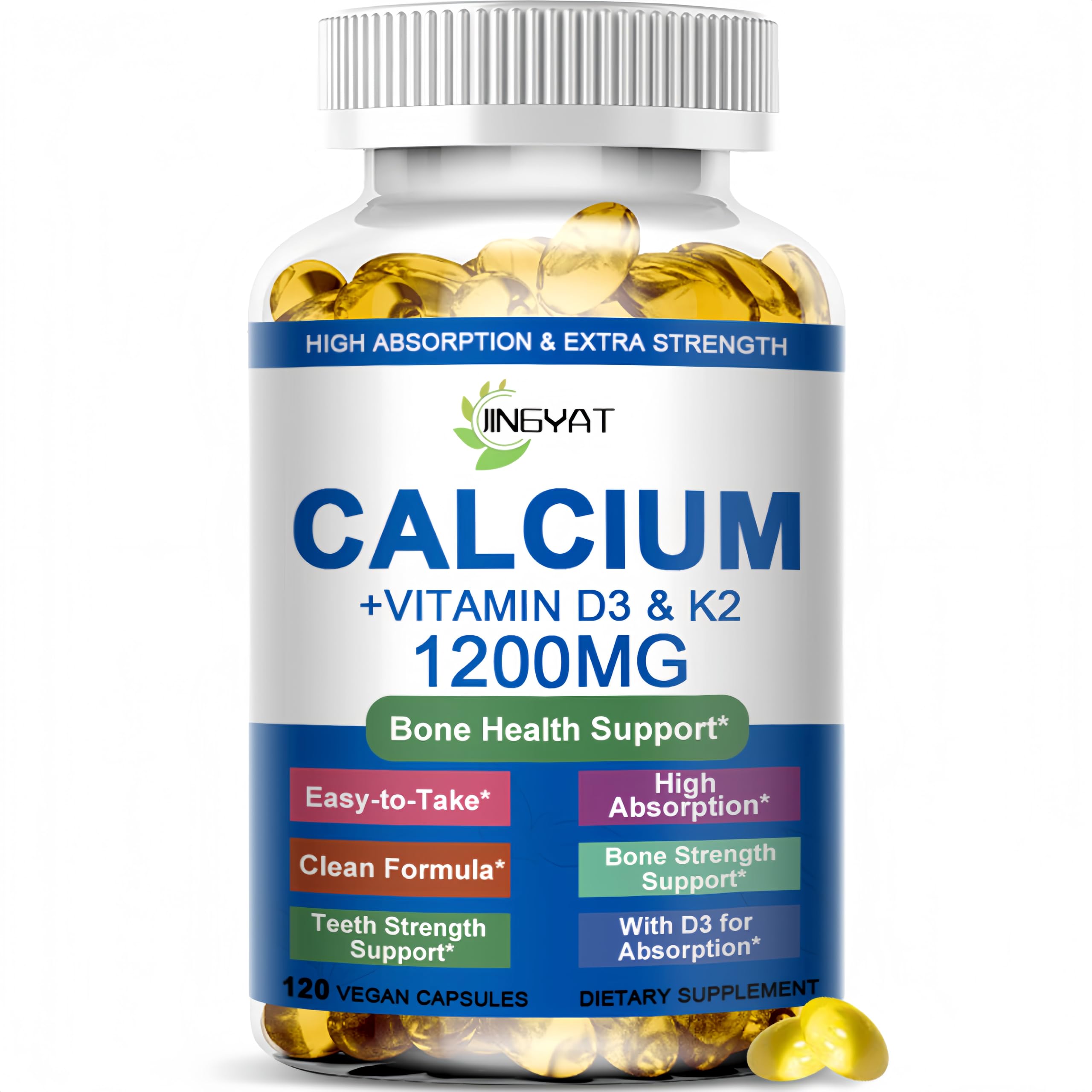 JINGYAT Calcium 1200mg softgel bottle on shelf supports daily bone health
