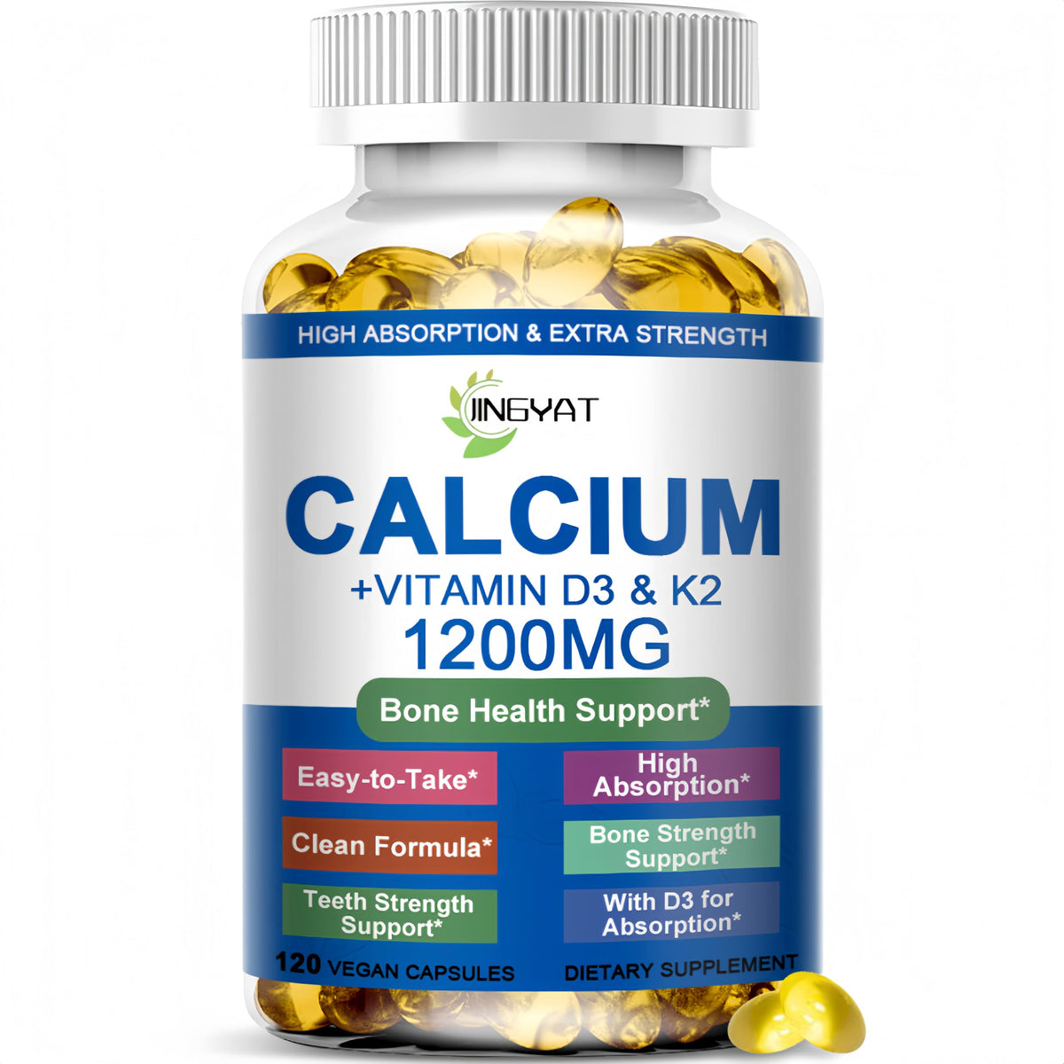 JINGYAT Calcium 1200mg softgel bottle on shelf supports daily bone health