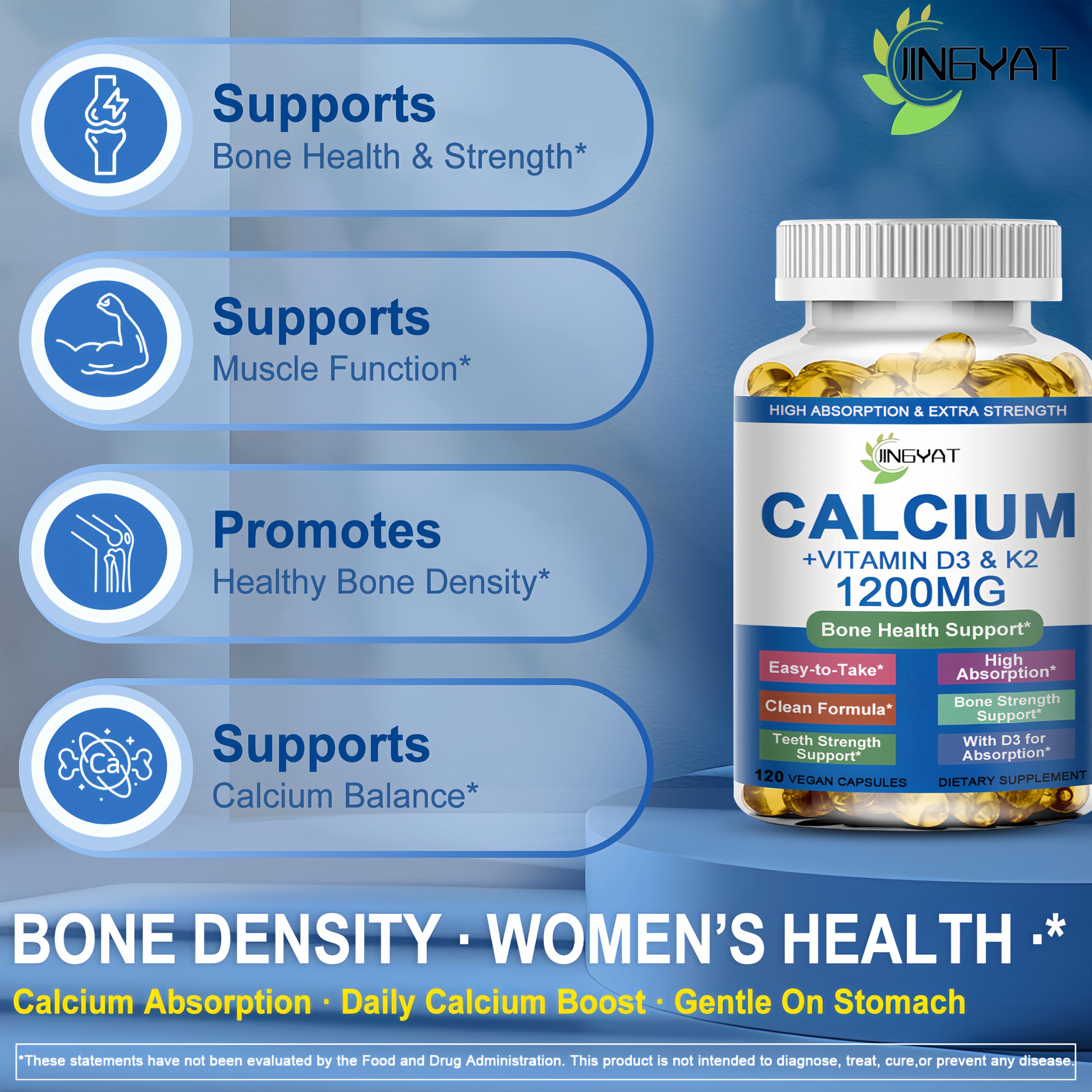 JINGYAT Calcium 1200mg softgels poured from bottle for daily intake