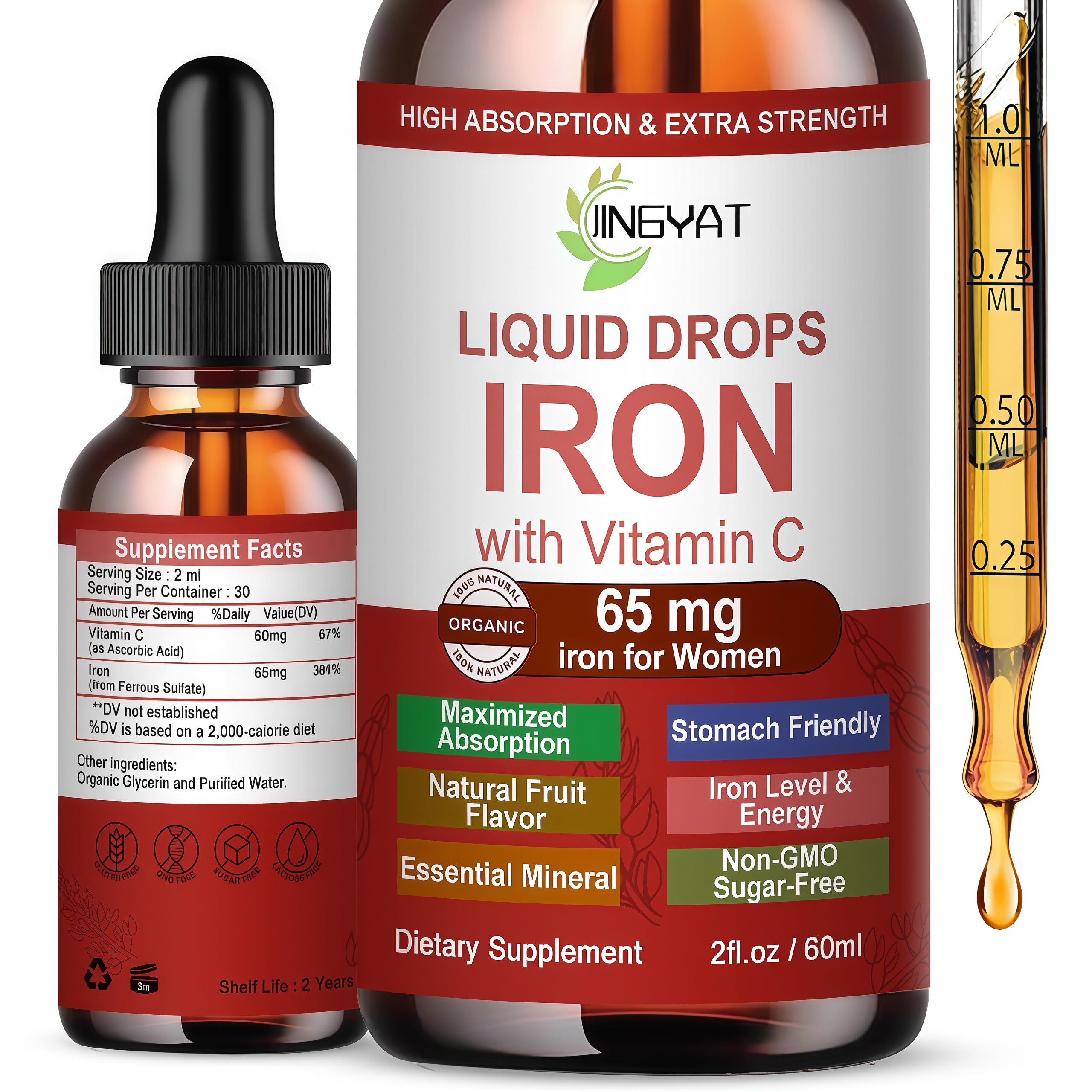 JINGYAT Iron Liquid Drops bottle on a clean surface for daily iron support
