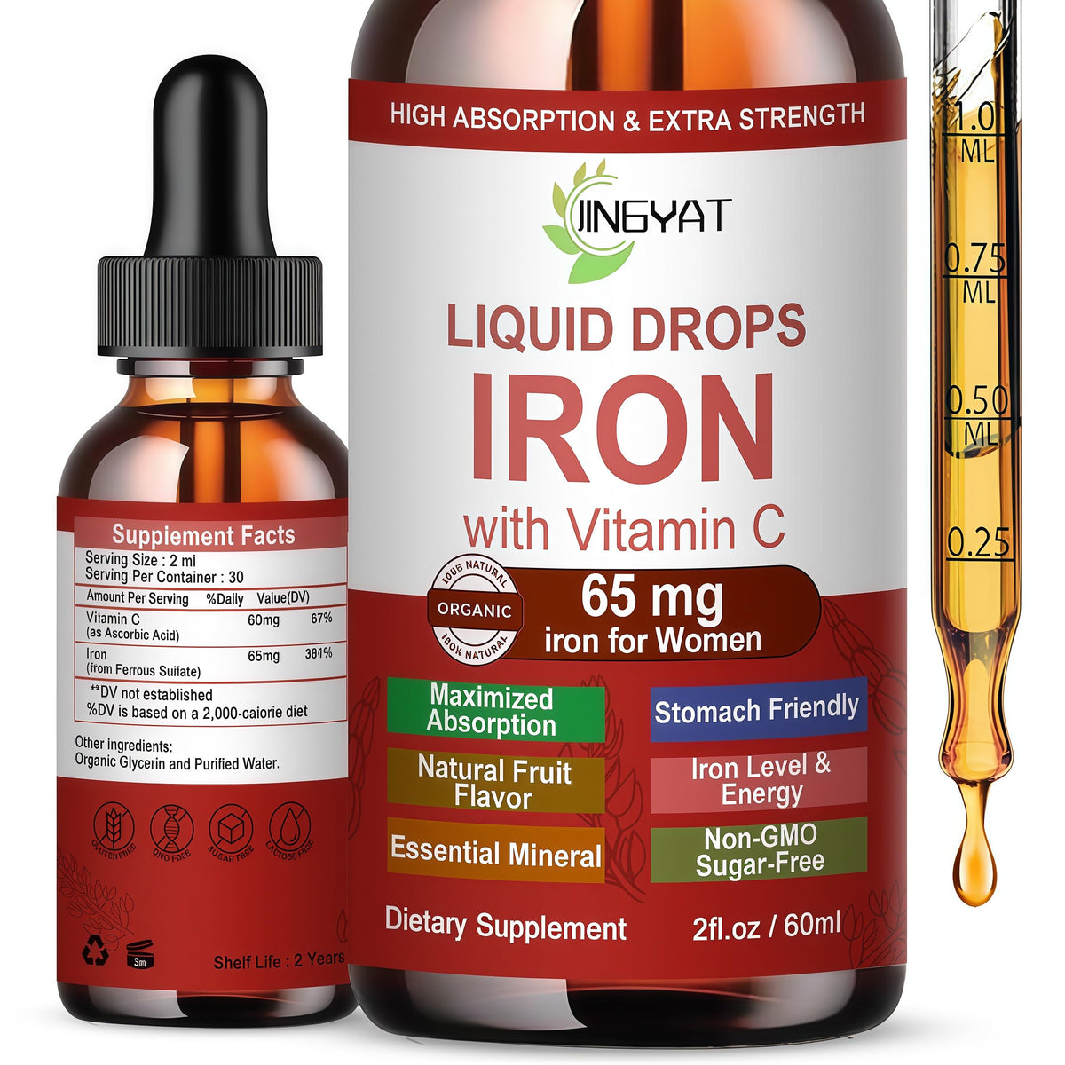 JINGYAT Iron Liquid Drops bottle on a clean surface for daily iron support