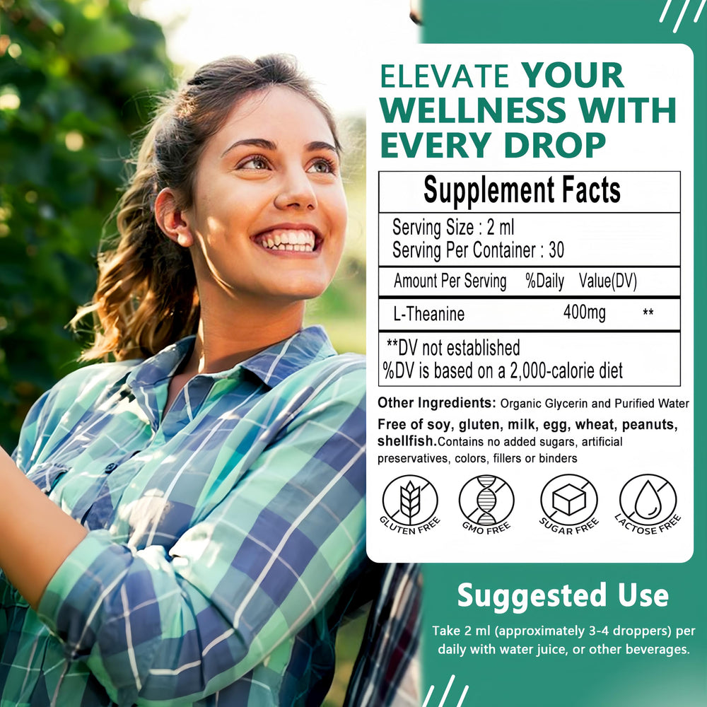JINGYAT L-Theanine Liquid Drops label close-up shows clean ingredients.