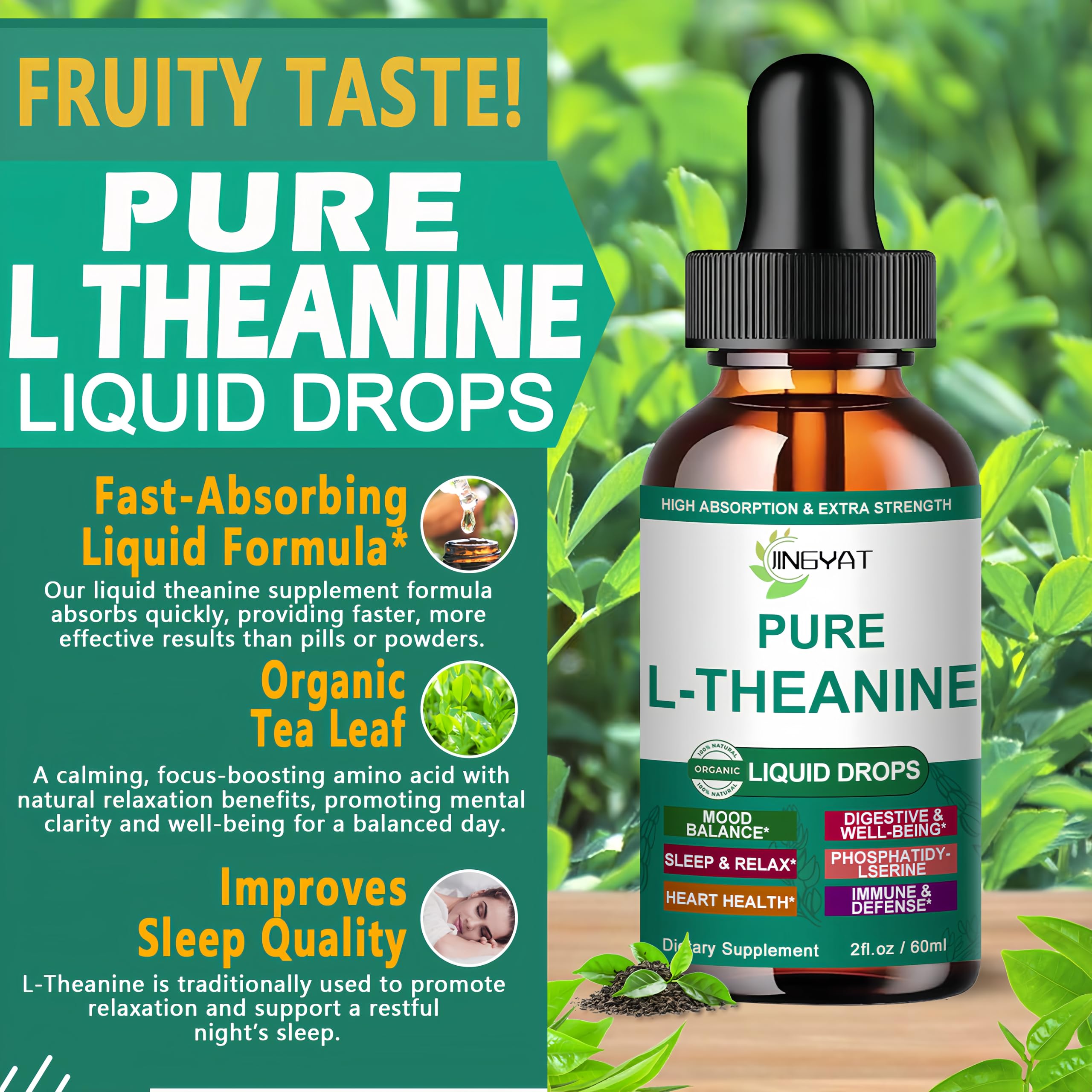 JINGYAT L-Theanine Liquid Drops packaging highlights organic, non-GMO formula.