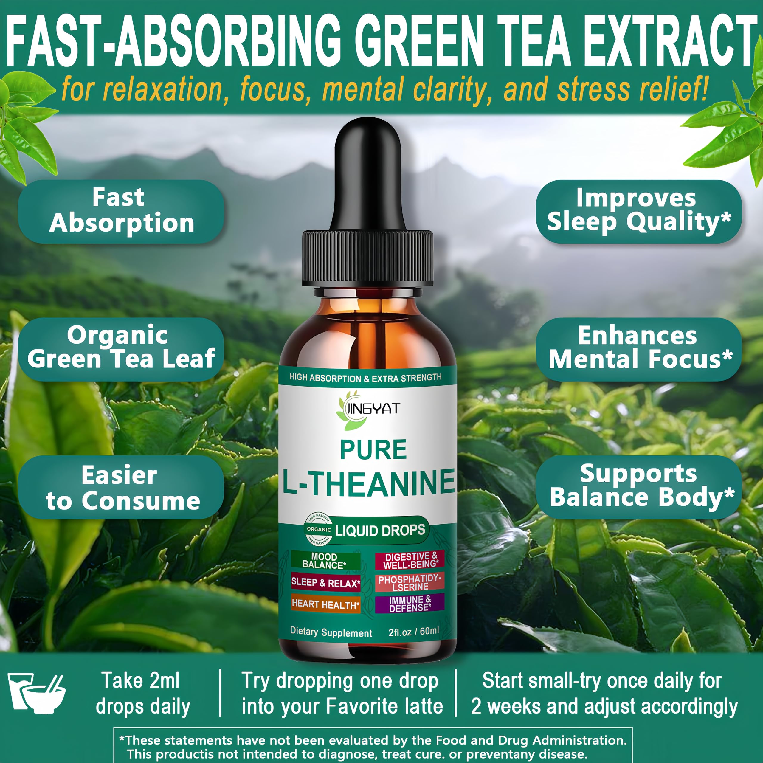 JINGYAT L-Theanine Liquid Drops pour demonstrates easy on-the-go use.