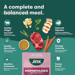 Jinx grain-free beef and chicken pouch highlighting vegetables for easy, sensitive-tummy meals.