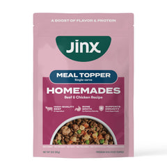 Jinx Beef & Chicken wet dog food pouches in an 8-pack display for easy meals.