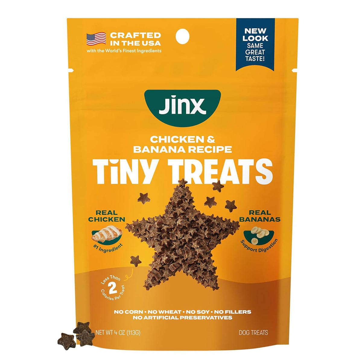 Jinx chicken banana tiny treats packaging showing all-natural, low-calorie rewards for training