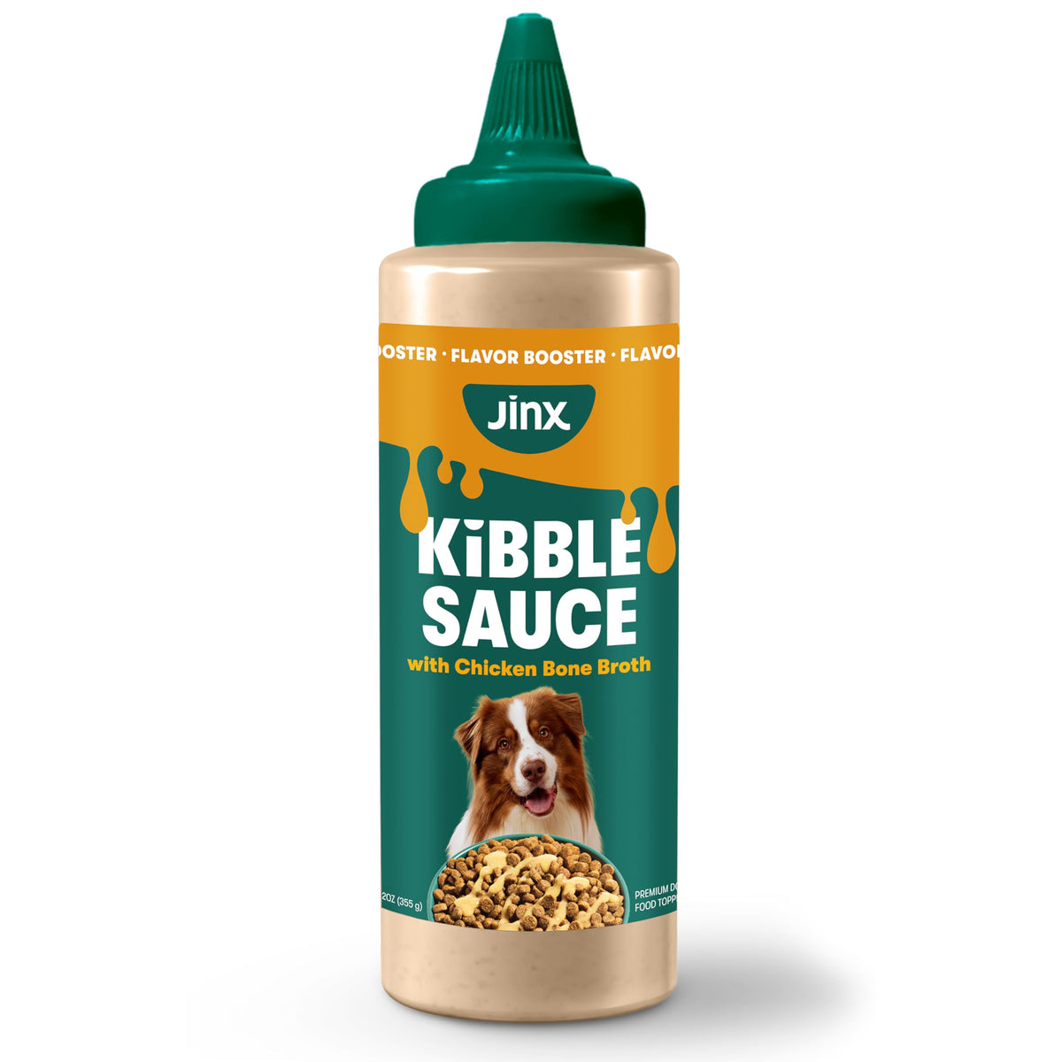Jinx Kibble Sauce bottle pouring over dog food to boost flavor