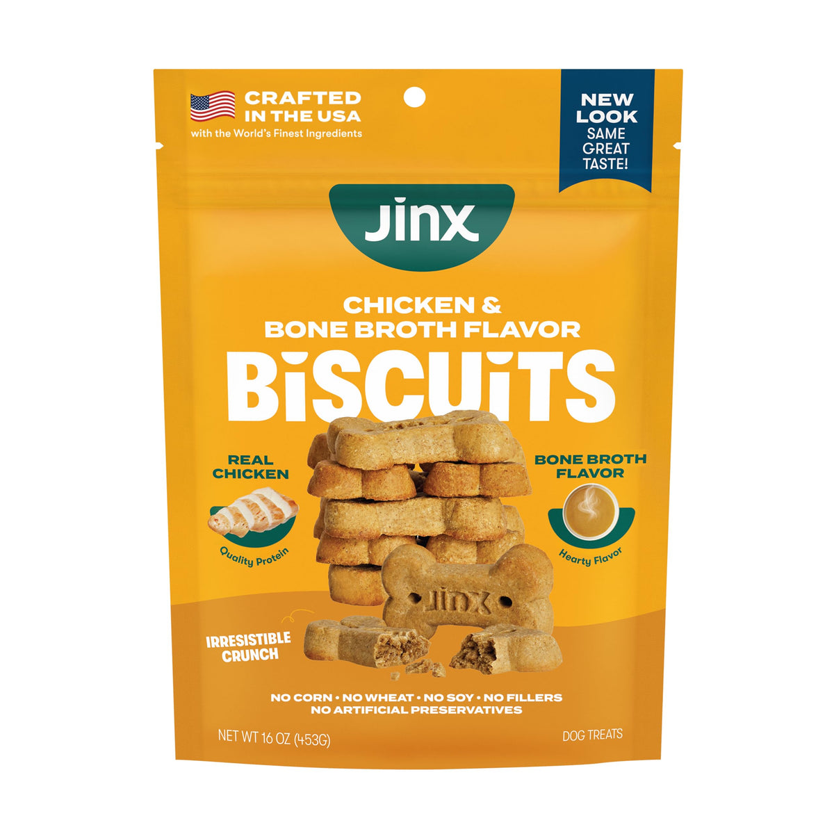 Jinx oven-baked chicken bone broth biscuits deliver a savory crunch for dogs.
