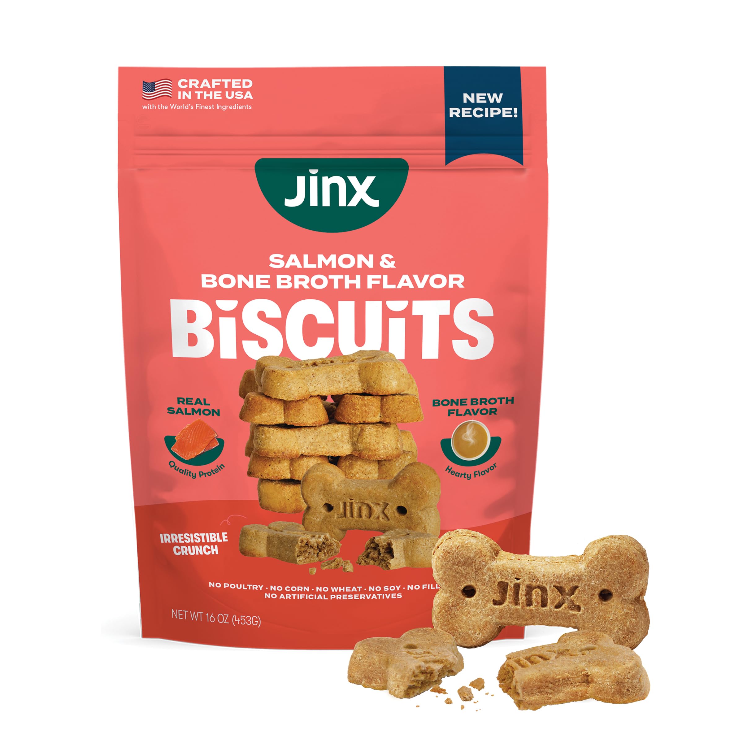 Jinx oven-baked salmon bone broth biscuit packaging shot highlighting natural ingredients.
