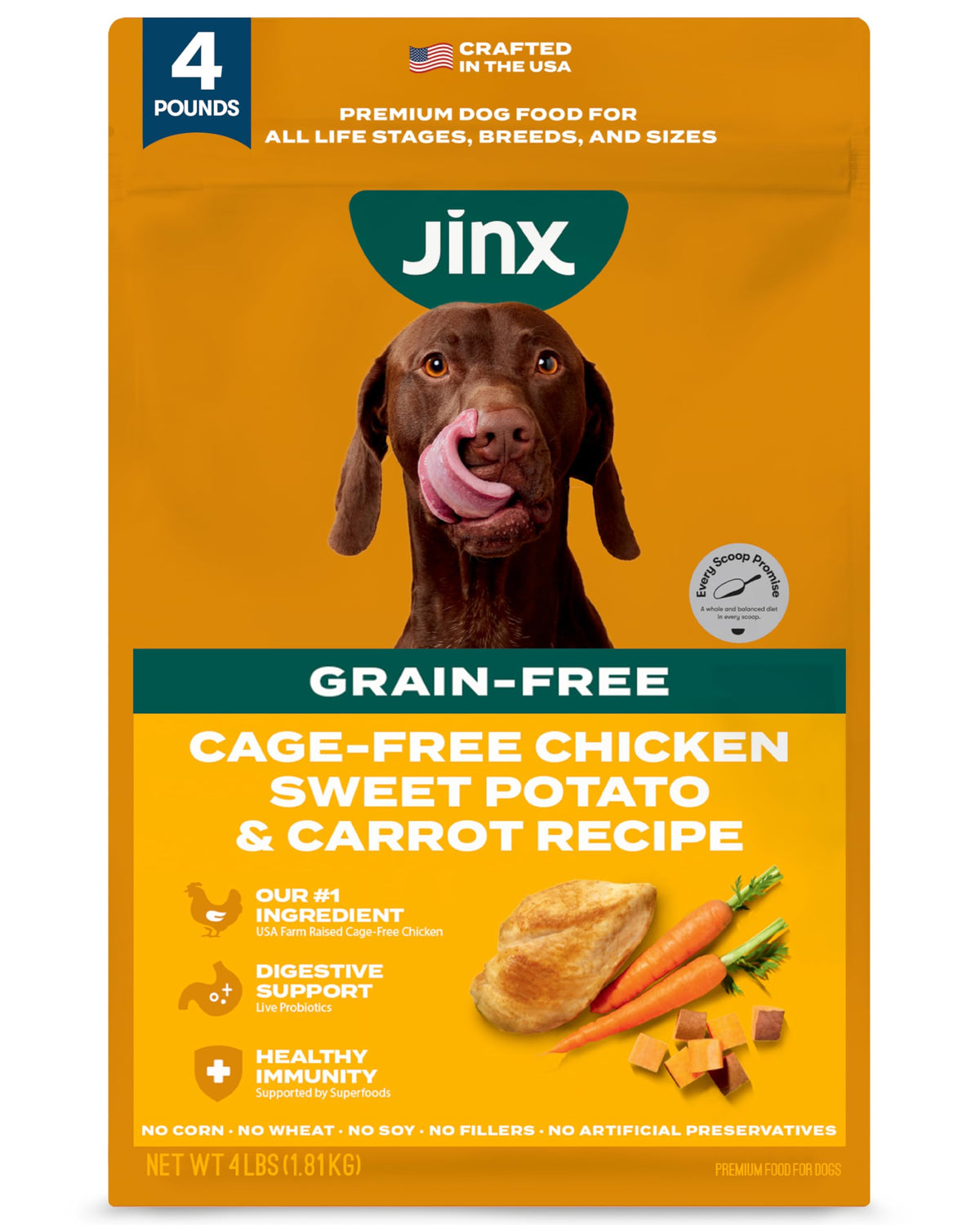 Jinx real-chicken kibble promotes lean muscle support in dogs.
