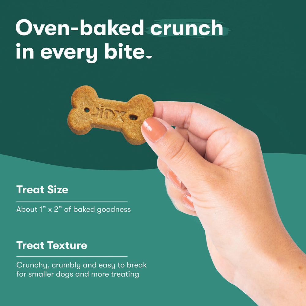 Puppy, adult, and senior dogs enjoying Jinx biscuits.