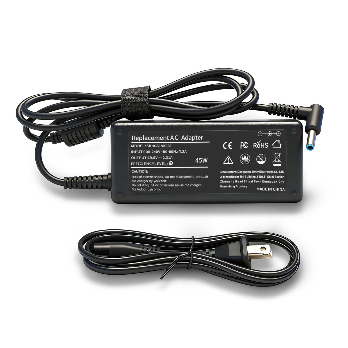 JIONR 45W blue-tip HP laptop charger, compact and travel-ready.