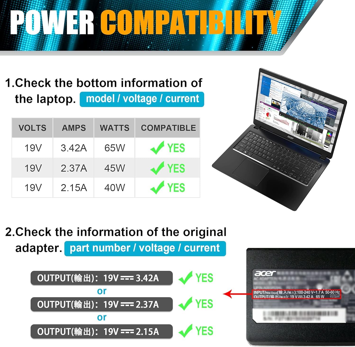 JIONR 65W Acer charger for N16P1 supports quick charging for compatible laptops