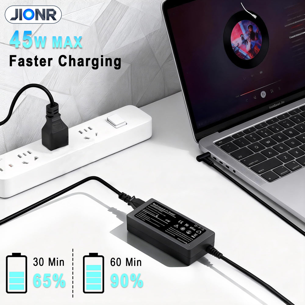 JIONR blue-tip HP charger for Spectre and Chromebooks, slim design.