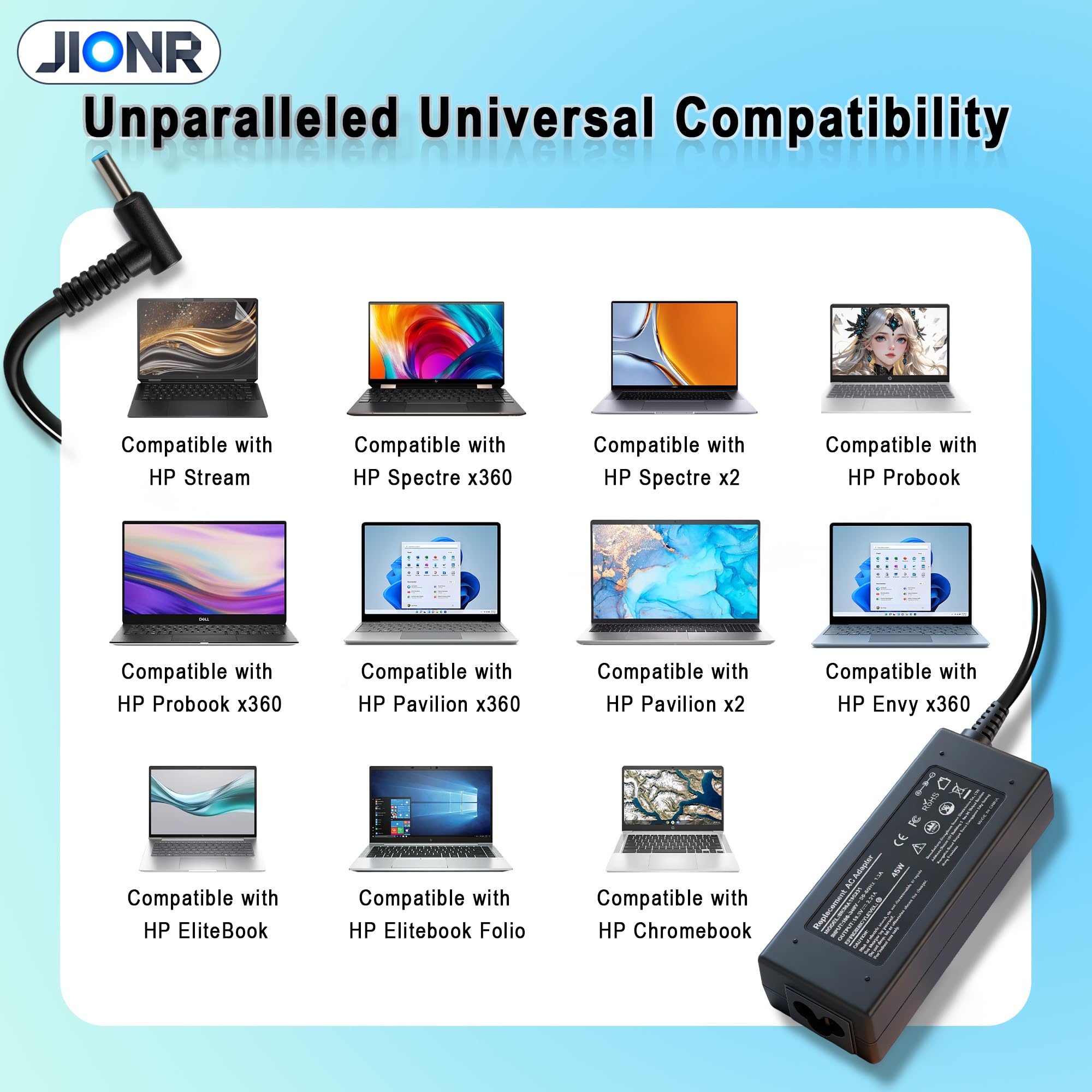 JIONR travel-friendly AC adapter with blue tip for HP laptops.