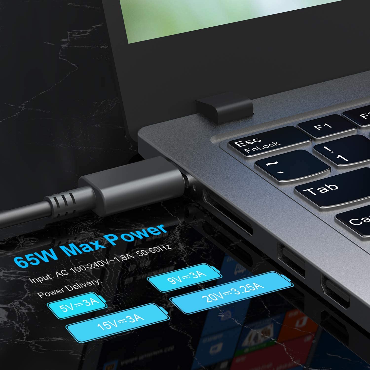 JIONR USB-C tip close-up showing versatile power delivery.