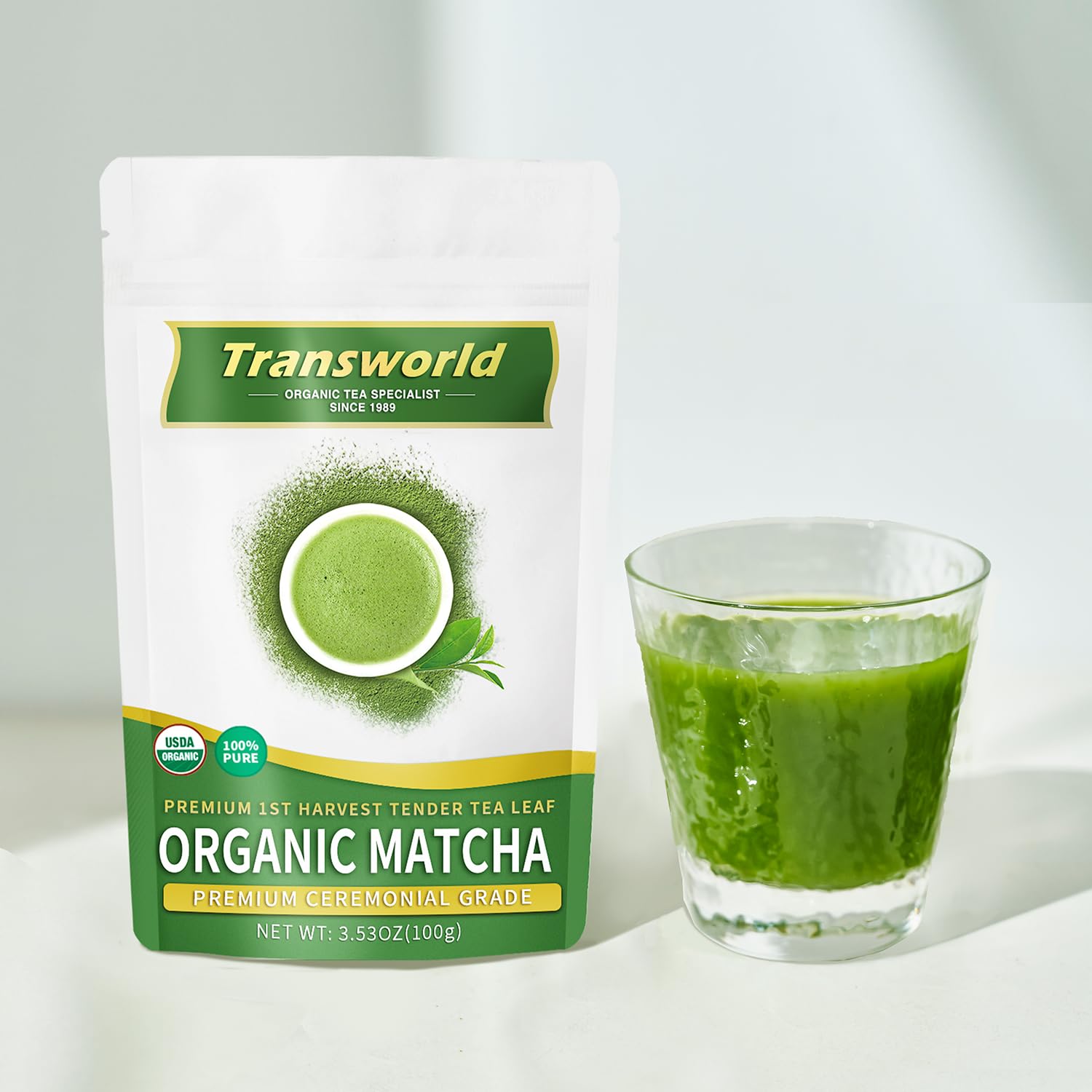 Jiuyu Organic Matcha powder closeup showing vibrant emerald color and fine texture.