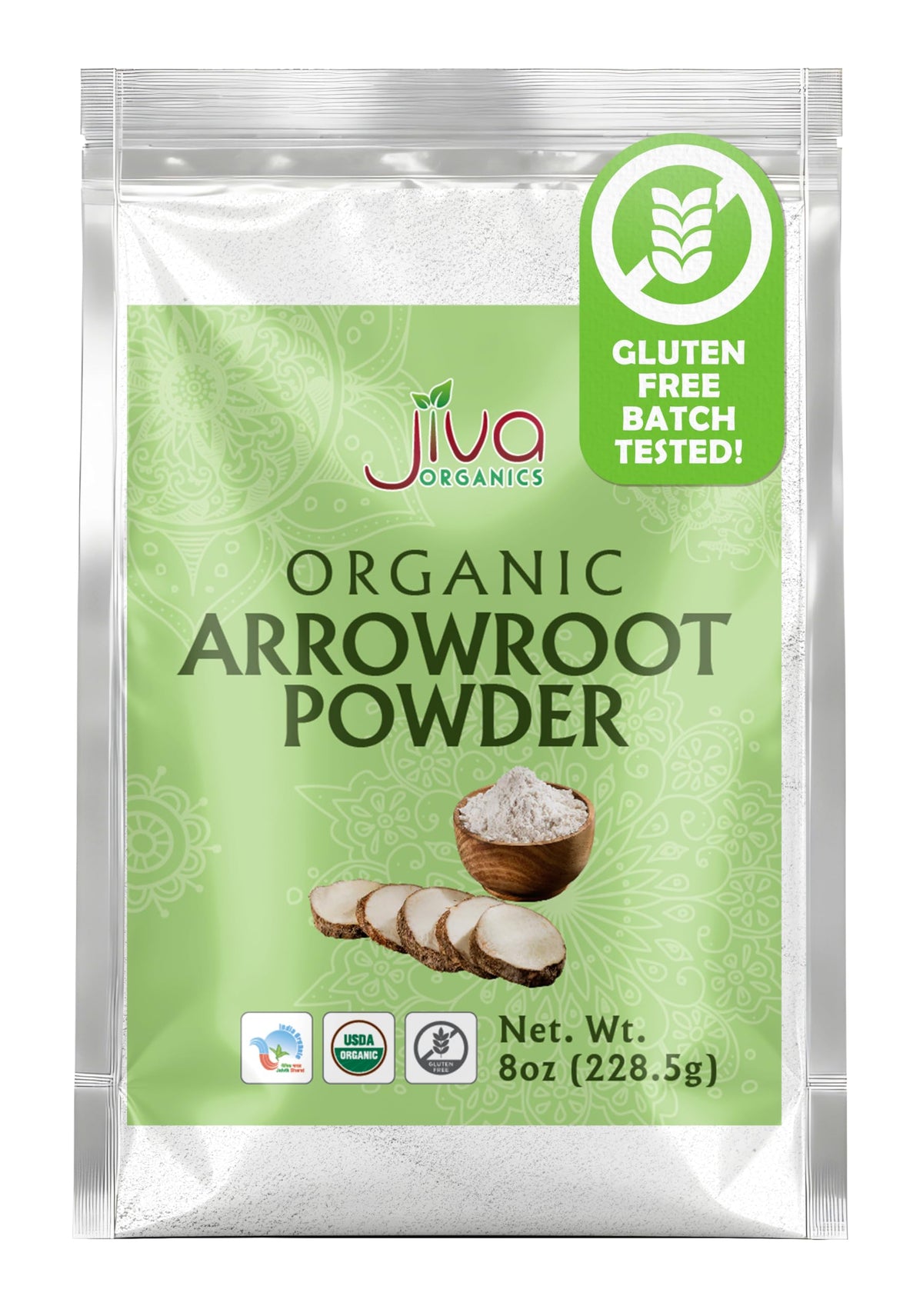 Jiva Organics arrowroot flour bag ready for gluten-free baking and thickening