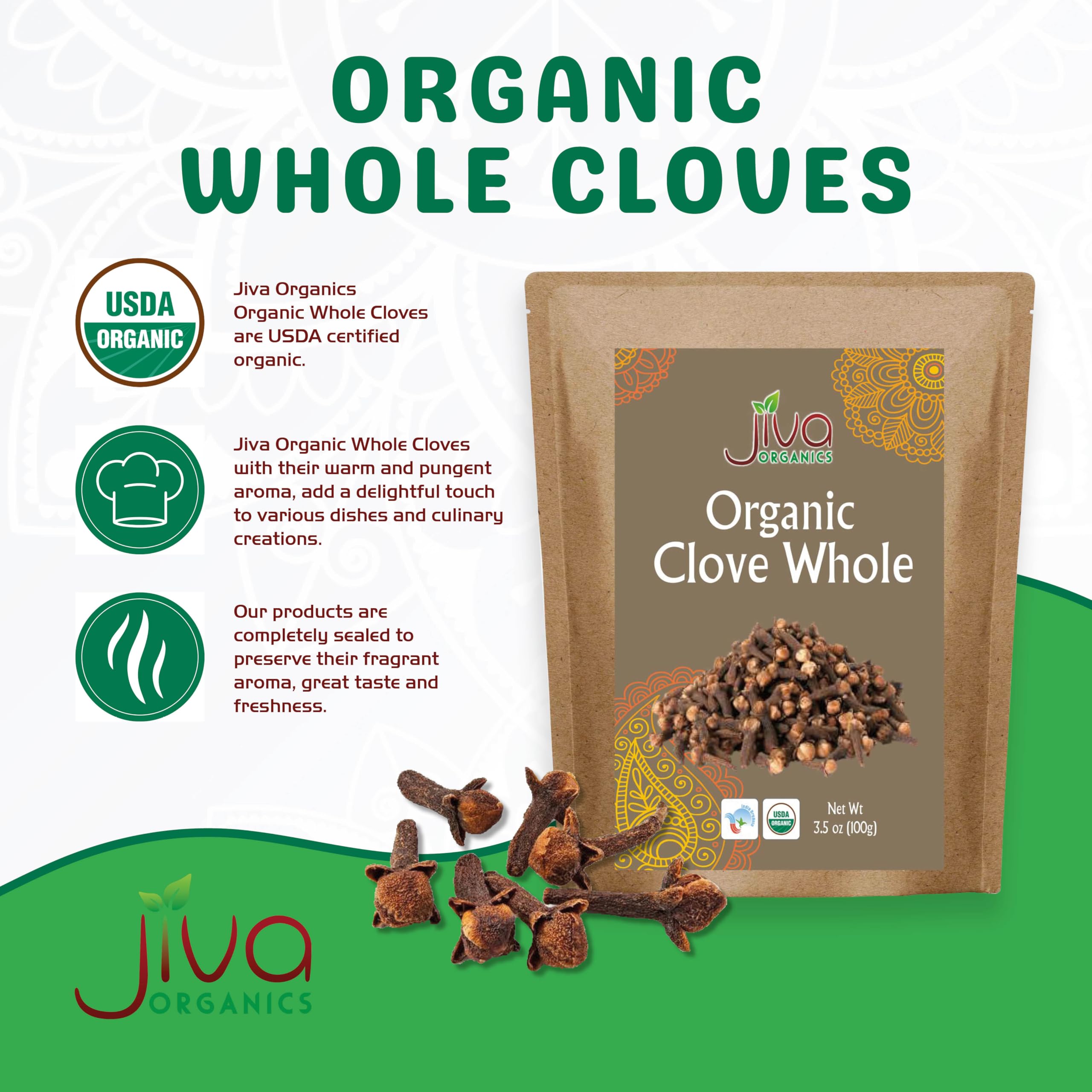 Close-up of Jiva Organics clove buds with rich aroma.