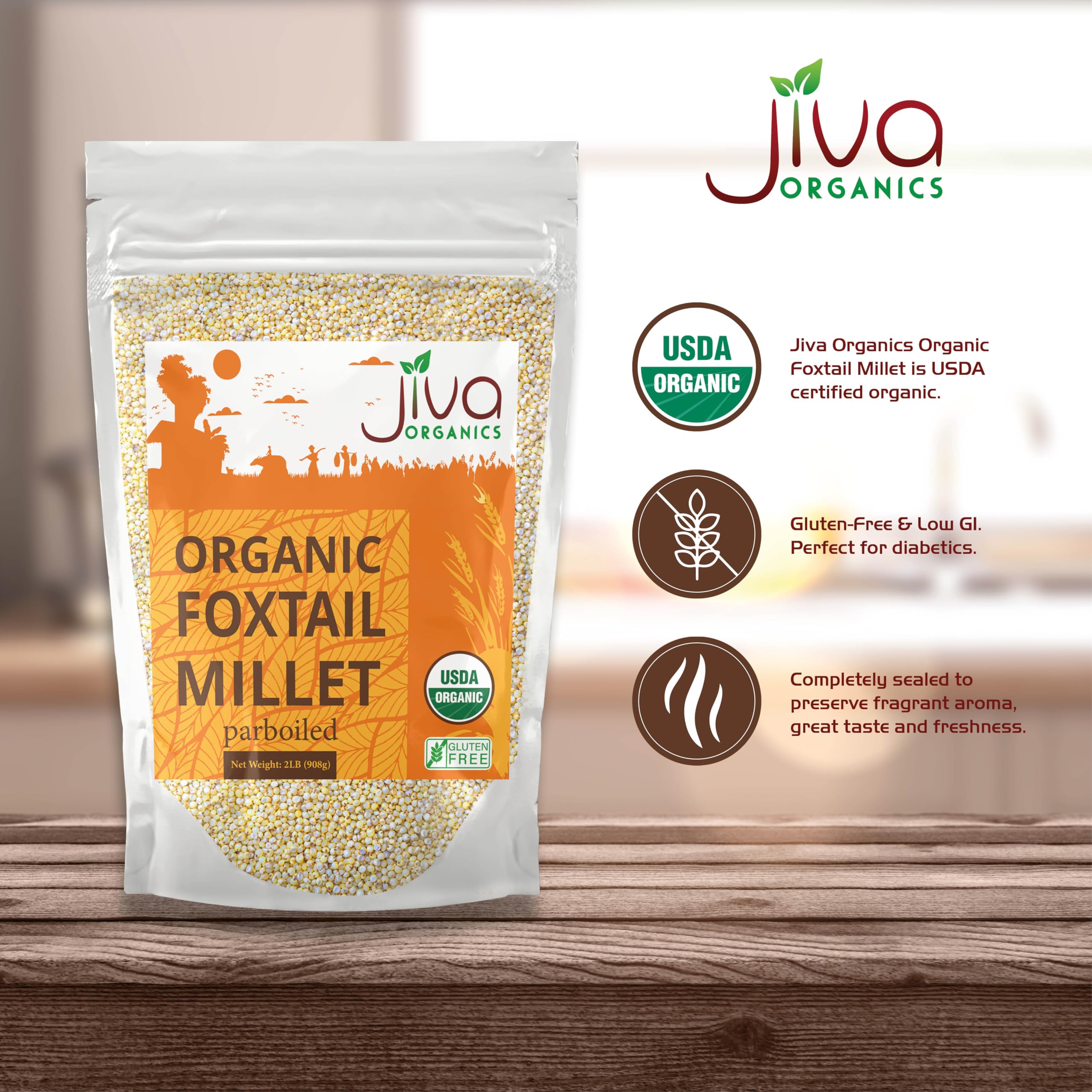 Jiva Organics Foxtail Millet bag labeled Organic and USDA certified.