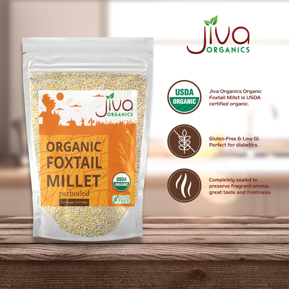 Jiva Organics Foxtail Millet bag labeled Organic and USDA certified.