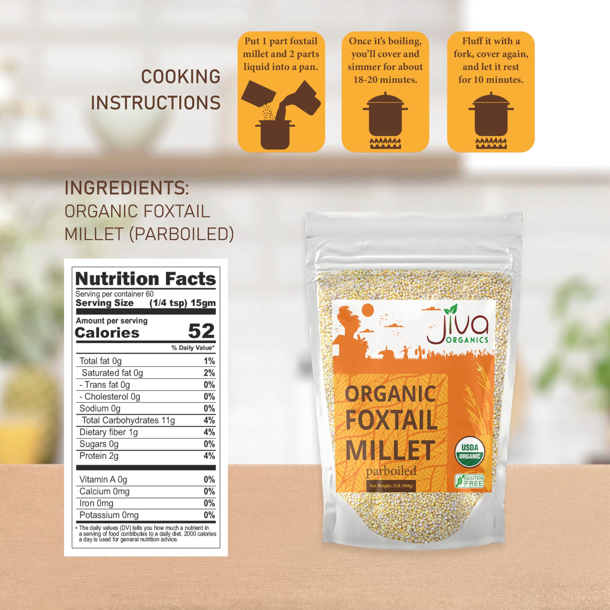 Close-up of Jiva Organics Foxtail Millet grains ready for healthy meals.