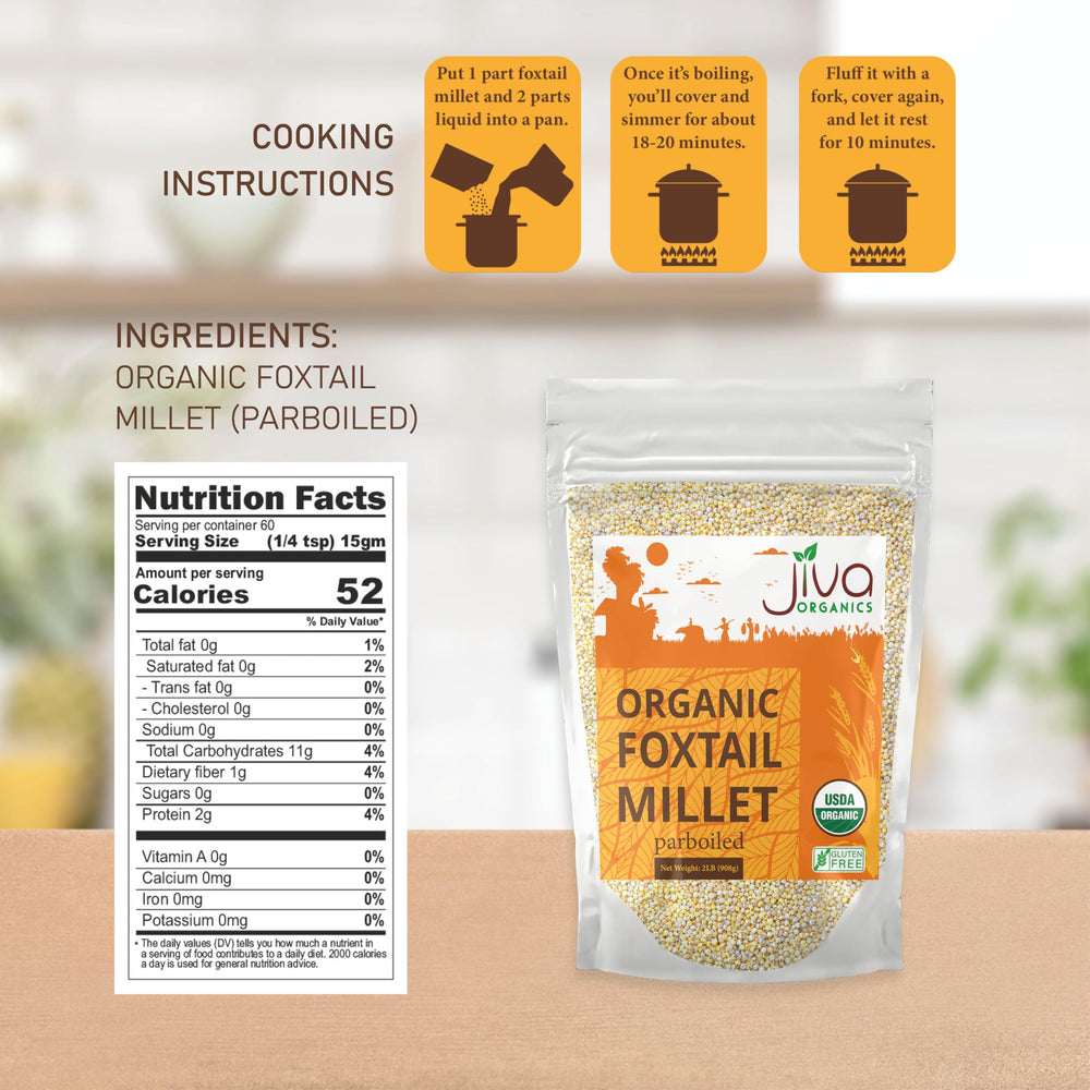 Close-up of Jiva Organics Foxtail Millet grains ready for healthy meals.