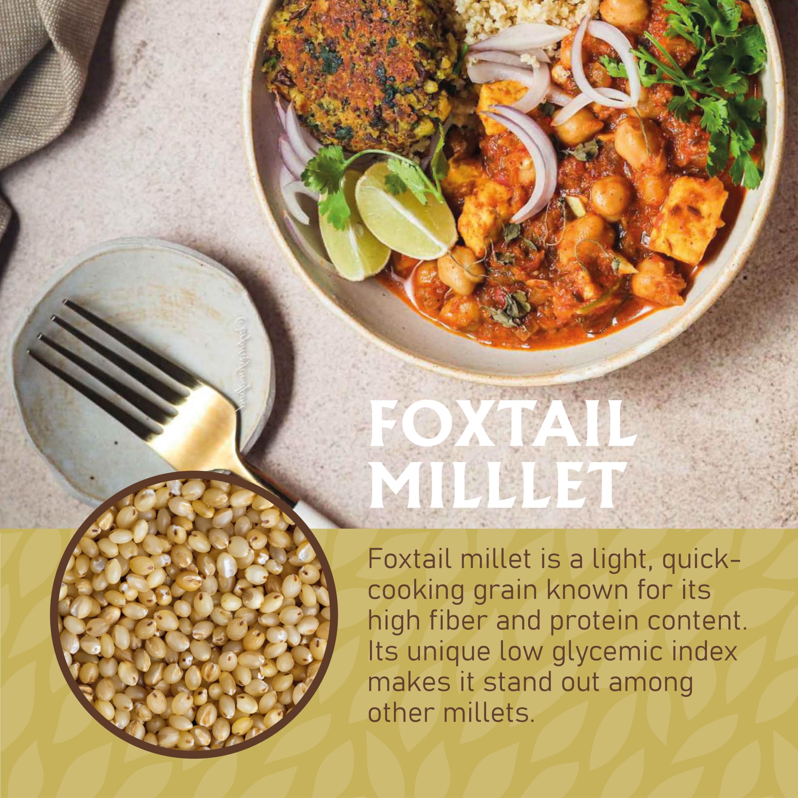 Jiva Organics Foxtail Millet in a bowl with curry, perfect for dosas and pulao.