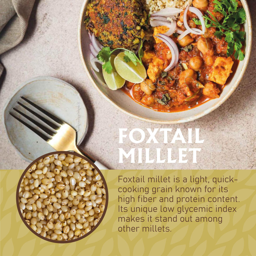Jiva Organics Foxtail Millet in a bowl with curry, perfect for dosas and pulao.