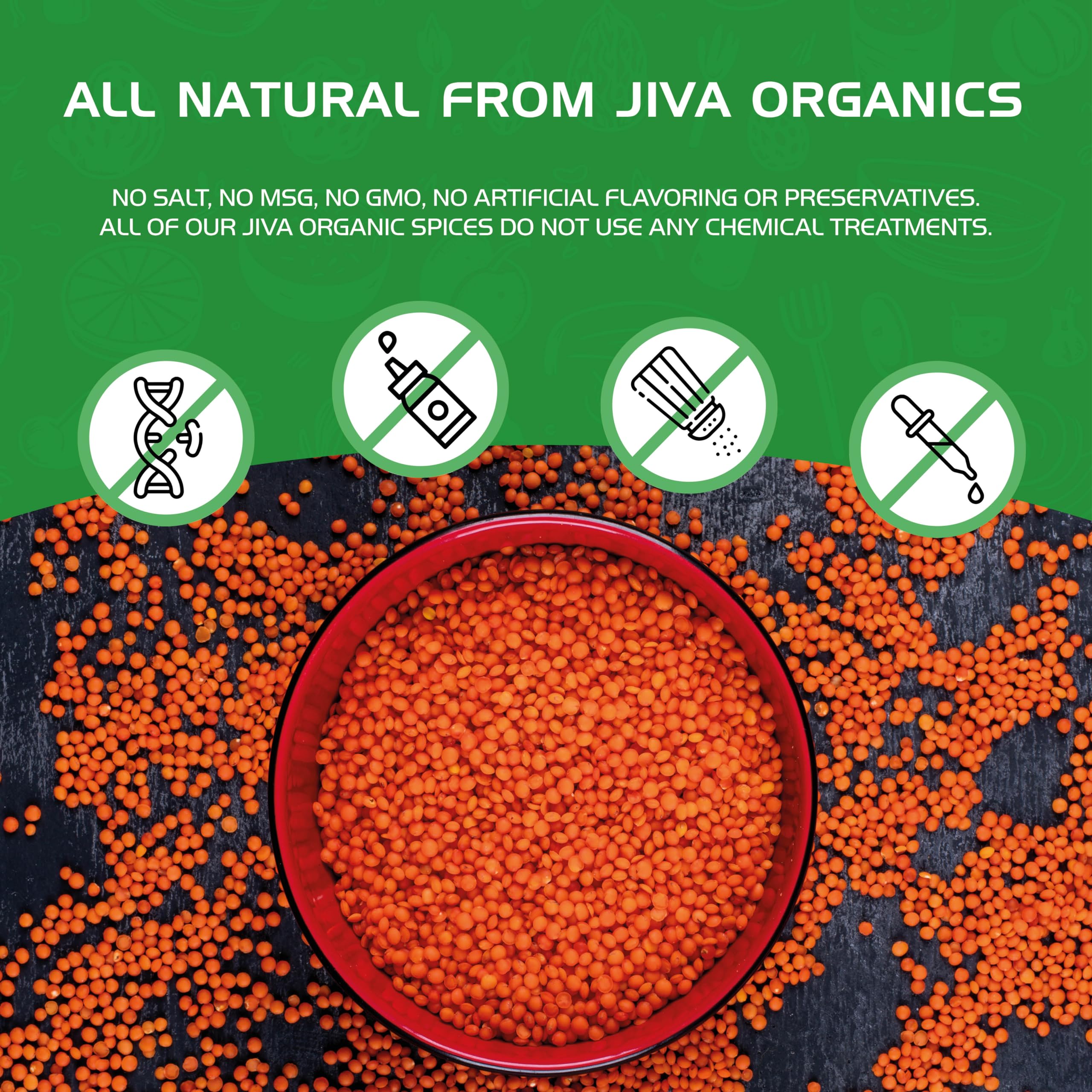 Jiva Organics pantry staple red lentils on a kitchen shelf.