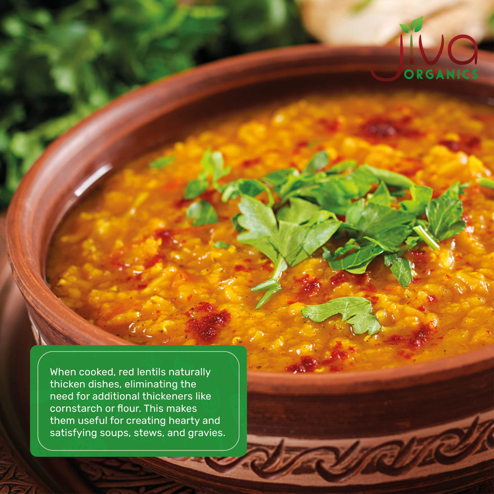 Jiva Organics Masoor Dal used in curry or soup, versatile.